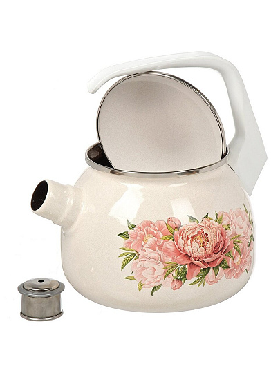 Чайник сталь, эмалированное покрытие, 2.5 л, со свистком, с кнопкой, ЛЗЭП, Букет пионов, индукция, белый, С-2711АП/4ЖмРч
