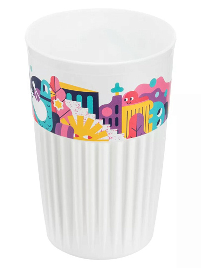 Стакан 450 мл, пластик, Бытпласт, Phibo, городские фантазии, с клапаном, белый, 433277316