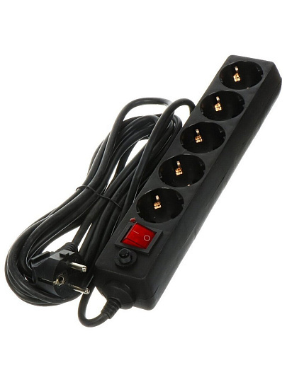 Сетевой фильтр 5 гнезд, 5 м, 3х1 мм², 16 А, черный, General Lighting Systems, 471005