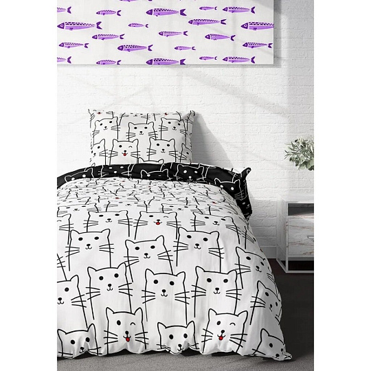 Постельное белье детское 1.5-спальное, простыня 150х214 см, 1 наволочка 70х70 см, пододеяльник 143х215 см, Crazy Getup, перкаль, Black Cat 788234