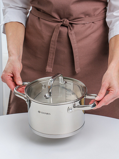 Кастрюля нерж, 2.9 л, с крыш, крыш стекло, Daniks, Рейн, индукц