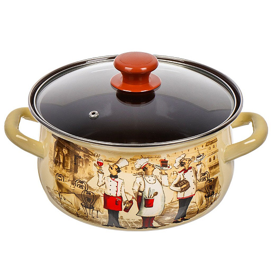 Кастрюля эмалированная сталь, 3 л, крышка стекло, с декором, сферический, Керченский металлургический завод, Сомелье, 61904-122/4.02-У4, слоновая кость