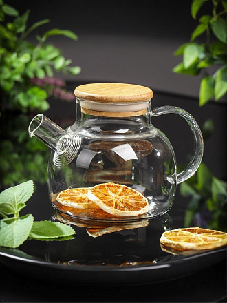 Чайник заварочный стекло, 0.6 л, с ситечком, с деревянной крышкой, Y4-6132