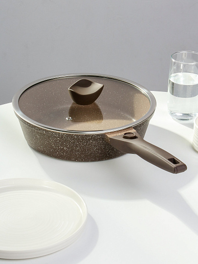 Сковорода литой алюминий, 28 см, антипригарное покрытие, Горница, Дуэт Шоколадный мусс, с крышкой, съемная ручка, индукция, Ис8284Дш