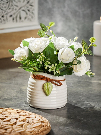 Цветок искусственный декоративный Букет роз, в кашпо, 16 см, белый, Y6-2056