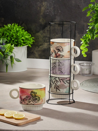 Кружка керамика, 4 шт, 250 мл, Цветочный сад, Y4-6654, металлическая подставка