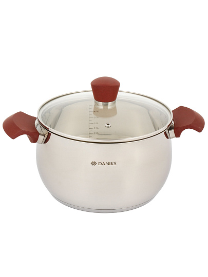 Кастрюля нержавеющая сталь, 5.1 л, крышка стекло, Daniks, Орлея, GS-01159P-22CA, индукция
