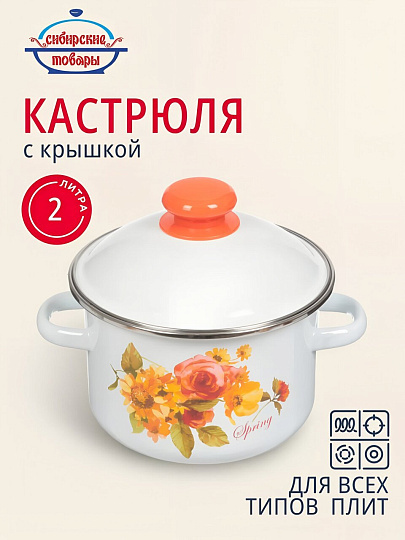 Кастрюля эмалированная сталь, 2 л, крышка сталь, цилиндрическая, Сибирские товары, Весна, 1MD161M, индукция