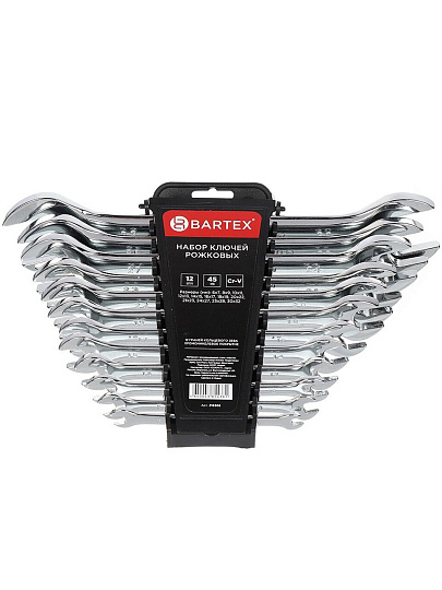 Набор ключей рожковый, 12 предметов, Bartex, 6-32 мм, хромированный зеркальный, CrV сталь, держатель