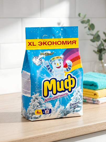 Стиральный порошок Миф, 4 кг, автомат, для цветного белья, Свежий цвет