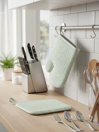 Набор кухонный 2 шт, 29х22 см +19х19 см (варежка,прихватка), полиэстер, светло-зеленый, B180060