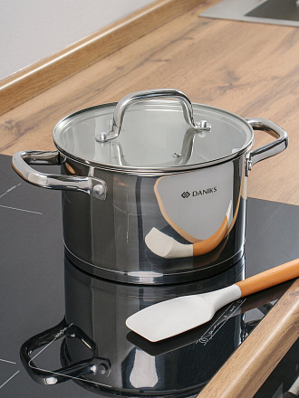 Кастрюля нержавеющая сталь, 3.9 л, крышка стекло, Daniks, Рейн, GS-01229-20, индукция