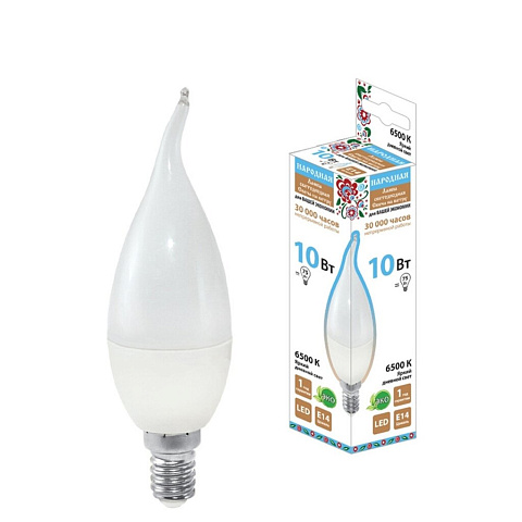 Лампа светодиодная E14, 10 Вт, 75 Вт, свеча на ветру, 6500 К, свет холодный синий, TDM Electric, Народная
