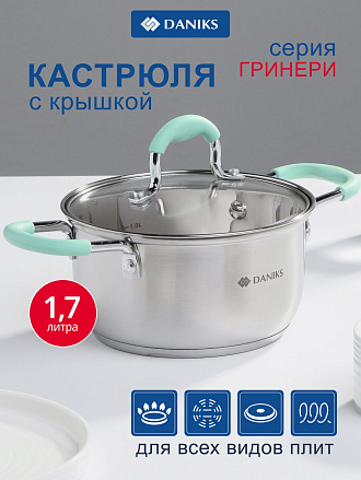 Кастрюля нержавеющая сталь, 1.7 л, крышка стекло, силиконовые ручки мятные, Daniks, Гринери, SD-23-16, индукция