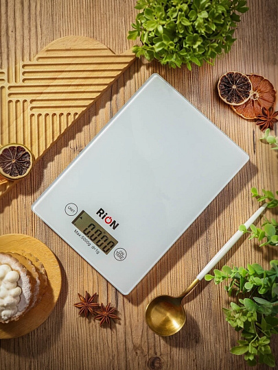 Весы кухонные электронные, стекло закаленное, Rion, платформа, точность 1 г, до 5 кг, LCD-дисплей, белые, BB-K08