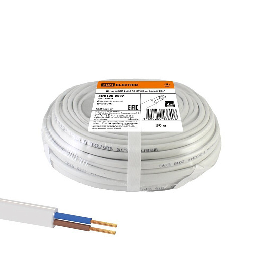 Провод ШВВП, 2х0.5 мм², 50 м, медь, соединительный, ГОСТ, белый, TDM Electric, SQ0120-0007