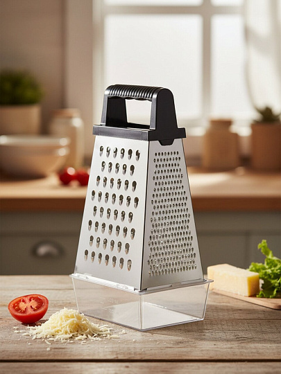 Терка 4 грани, 12х9.6х20.8 см, сталь, рукоятка полипропилен, с контейнером, навеска, Никис, ТН-2ук, 116678, хром