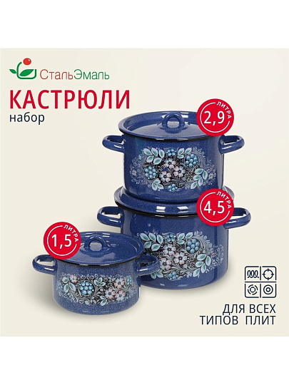 Набор посуды эмалированная сталь, 3 предмета, кастрюли 1.5,2.9,4.5 л, индукция, СтальЭмаль, Голубика, 1с33