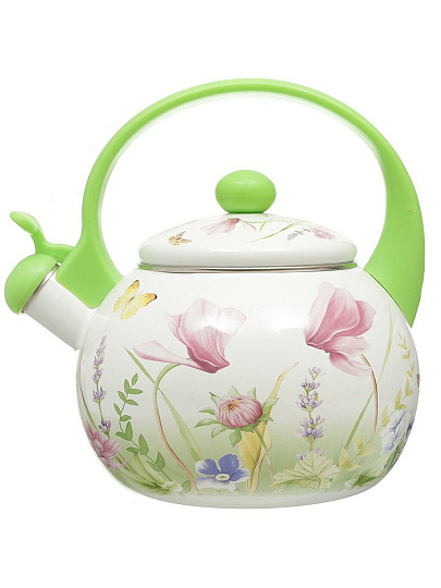 Чайник сталь, эмалированное покрытие, 2 л, со свистком, Appetite, Примавера, индукция, белый, зеленый, FT7-PR