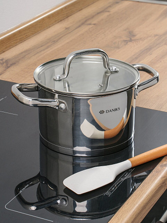 Кастрюля нержавеющая сталь, 2.9 л, крышка стекло, Daniks, Рейн, GS-01229-18, индукция