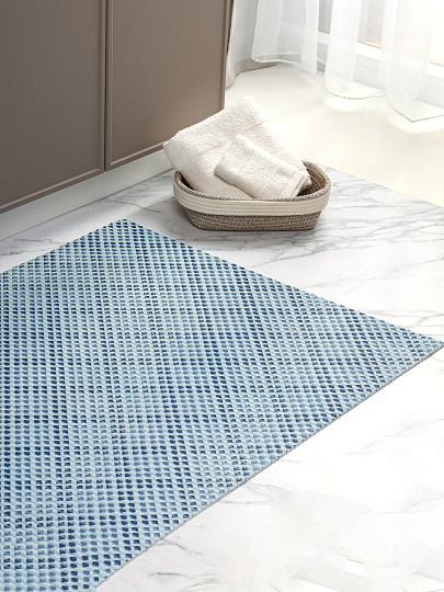 Коврик для ванной, антискользящий, 0.8х15 м, вспененный ПВХ, сетка, сине-белый, Dekomarin, 258A, квадраты