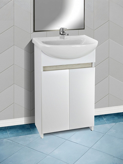 Тумба Doratiz, Бора-бора, 2 двери, под умывальник Браво 50, напольная, 435x270x810 мм, белый, светлый дуб, 9912.014