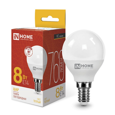 Лампа светодиодная E14, 8 Вт, 80 Вт, 230 В, шар, 3000 К, свет теплый белый, In Home, LED-ШАР-VC