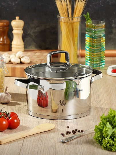 Кастрюля нержавеющая сталь, 4.75 л, крышка стекло, Daniks, Манхэттен, M-461-22, индукция