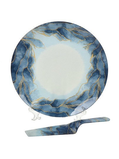 Блюдо стекло, 30 см, круглое, с лопаткой, Daniks, Navy Leaves
