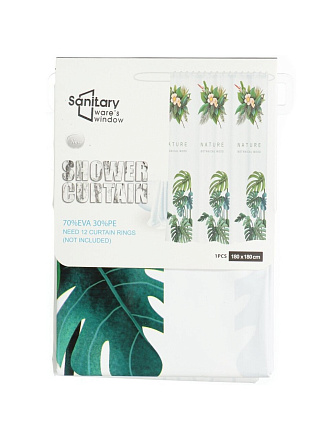 Штора для ванн 180х180 см, полиэстер, Тропический лист, с кольцами, Y3-567