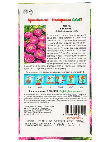 Семена Цветы, Астра, Веснянка, цветная упаковка, Седек
