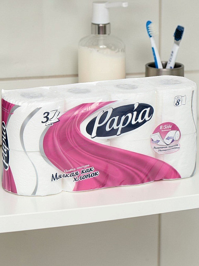 Туалетная бумага Papia, 3 слоя, 8 шт, 16.8 м, с втулкой, белая
