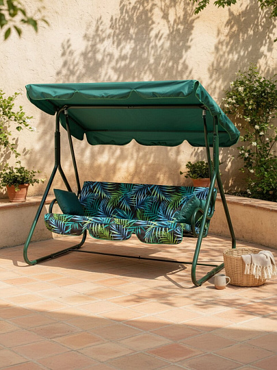 Качели садовые 2-местные, 170.8х120.8х151.8 см, 180 кг, Olsa, Эльф, зеленые, Листики, подушка, с1802, металл
