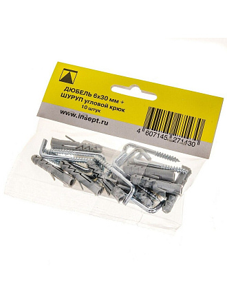 Дюбель диаметр 6х30 мм, 10 шт, + шуруп угловой крюк 10 шт, Bartex, 411