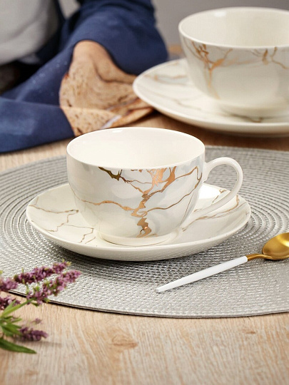 Чайная пара керамика, 2 предмета, на 1 персону, 250 мл, Daniks, Белый мрамор