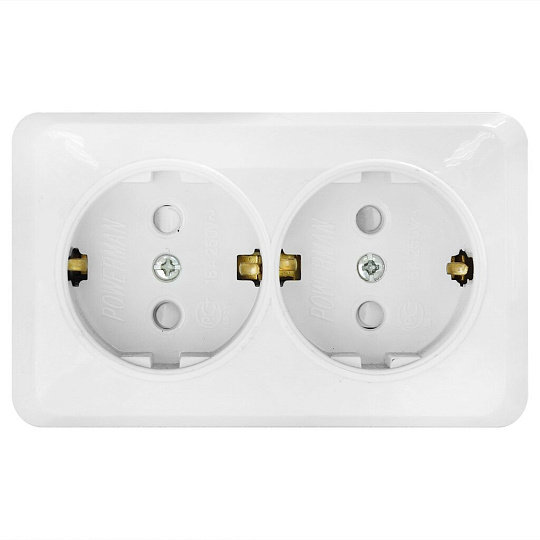Розетка открытой установки, 2 гнезда, с заземлением, 16 А, с защитными шторками, белая, Powerman, Fazenda Евро, 7128