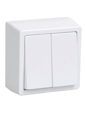 Выключатель открытой установки, двухклавишный, 10 А, 250 В, пластик, IP54, белый, IEK, ВС20-2-0-ФСр Форс, EVS20-K03-10-54-DC