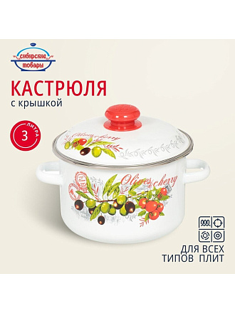 Кастрюля эмалированная сталь, 3 л, крышка сталь, цилиндрическая, Сибирские товары, Оливки и черри, 3MD181M, индукция