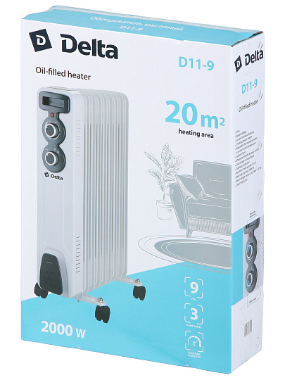 Радиатор масляный Delta, 9 секций, напольный, 2 кВт, 20 м2, светло-серый, D11-9
