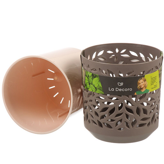 Кашпо пластик, 1.25 л, 13х13.5 см, мокачино/пудра, ВМС, Leaves, КШ-2083