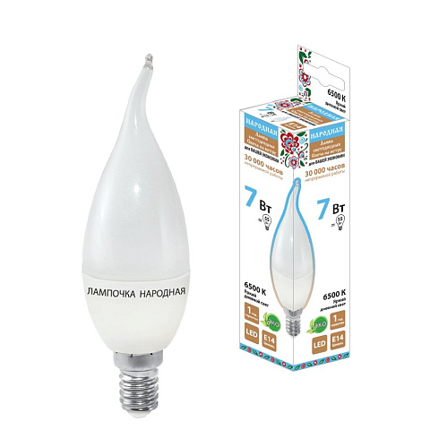 Лампа светодиодная E14, 7 Вт, 55 Вт, свеча на ветру, 6500 К, яркий дневной, TDM Electric, Народная