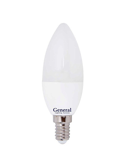 Лампа светодиодная E14, 8 Вт, 230 В, свеча, 2700 К, теплый белый свет, General Lighting Systems, GLDEN-CF, CF, 638200
