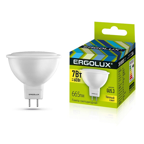 Лампа светодиодная GU5.3, 7 Вт, 60 Вт, 220 В, рефлектор, 3000 К, свет теплый белый, Ergolux
