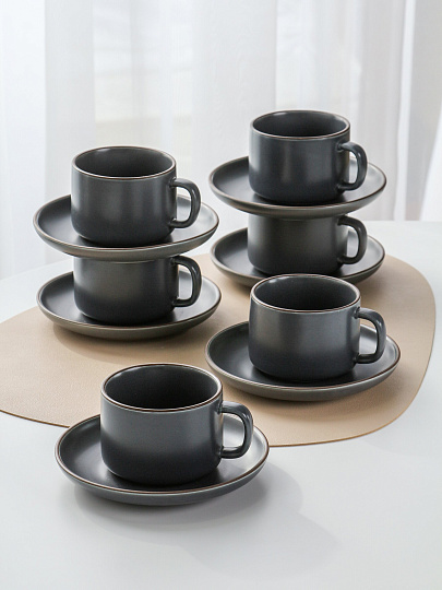 Набор чайный керамика, 12 предметов, на 6 персон, 220 мл, графит, Монохром, B060506