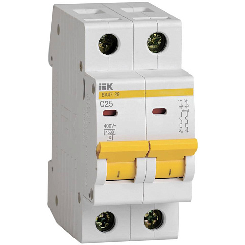 Автоматический выключатель IEK, ВА47-29, 2 полюса, 25, 4.5 кА, С, 400 В, MVA20-2-025-C