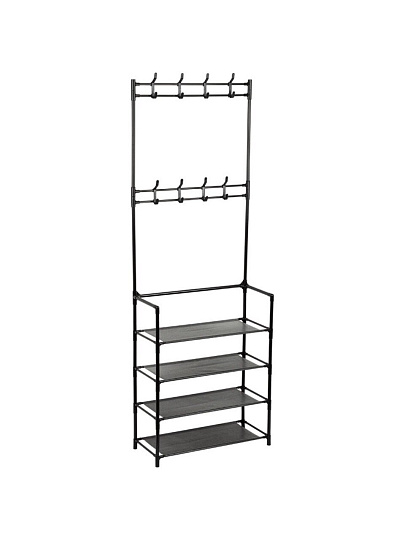 Вешалка-стойка напольная 60х27х170 см, полка для обуви, 15 кг, 104924, черная, 4 полки, 8 крючков