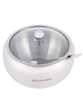 Сахарница 560 мл, нержавеющая сталь, с ложечкой и стеклянной крышкой, Kamille, KM-7003