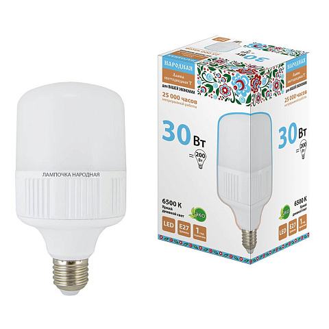 Лампа светодиодная E27, 30 Вт, 200 Вт, цилиндрическая, 6500 К, яркий дневной, TDM Electric, Народная