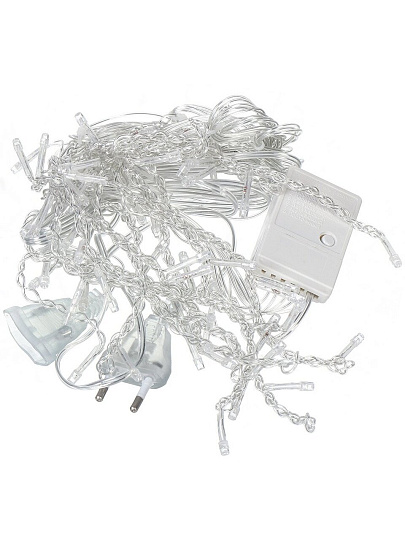 Гирлянда 72 лампы, 2х0.6 м, 8 режимов, Бахрома, холодный белый свет, прозрачная, в помещении, сетевая, LED