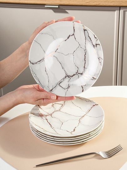 Набор тарелок керамика, 6 шт, 20 см, круглый, Белый мрамор, Daniks, Y4-8356